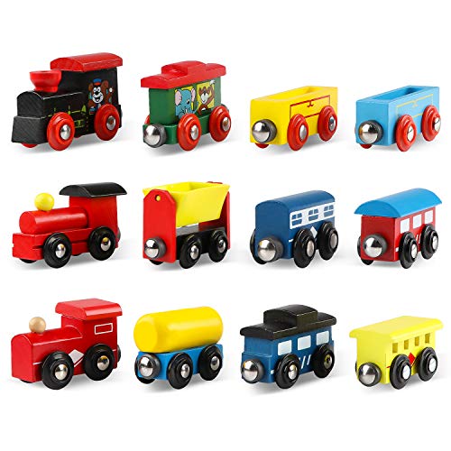 Joqutoys 12 PCS Wooden Train Cars, Train Toys Magnetic Set Includes 3 Engines and Storage Bag, Toy Train Sets for Kids Toddler Boys and Girls, Compatible with Major Brands Train Tracks Set Joqutoys
