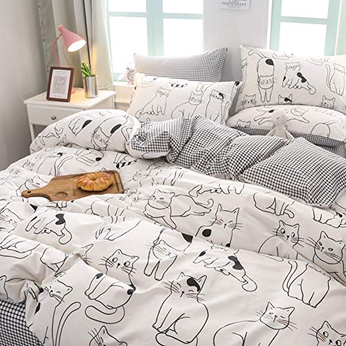 BlueBlue Cats Kids Duvet Cover Set Twin, 100% Cotton Bedding for Boys Girls Teens Single Bed, Cartoon Cats Pattern Print on White, 1 Animal Comforter Cover 2 Pillowcase (Twin, Cute Cat) BlueBlue