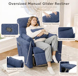 Flamaker Swivel Recliner Chair, Massage Nursery Rocking Chair with 2 Pillows, Comfy Single Sofa Glider Rocking Chair with Side Pockets for Living Room (Fabric, Blue)