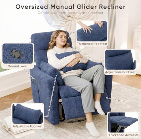 Flamaker Swivel Recliner Chair, Massage Nursery Rocking Chair with 2 Pillows, Comfy Single Sofa Glider Rocking Chair with Side Pockets for Living Room (Fabric, Blue) Flamaker