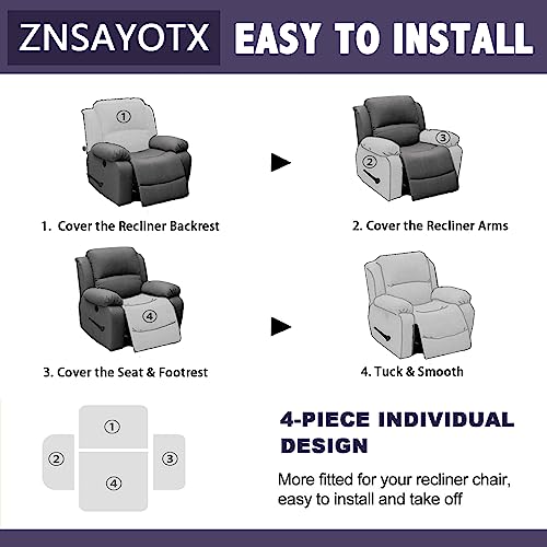 ZNSAYOTX Stretch Velvet Recliner Cover 4-Pieces, Thick Soft Recliner Chair Slipcover with Pocket, Non-Slip Elastic Bottom for Kids Pets, Luxury Plush Reclining Protector Comfy Washable (Grey)
