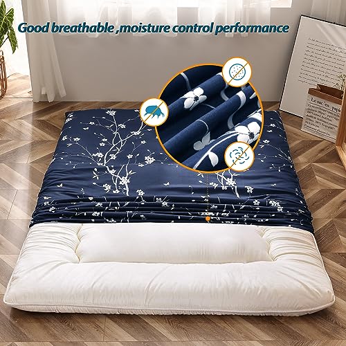 MAXYOYO Mattress Cover for Traditional Japanese Futon Mattress, Futon Floor Mats Cover with Zipper, Super Soft and Machine Washable, Navy Floral, Full MAXYOYO