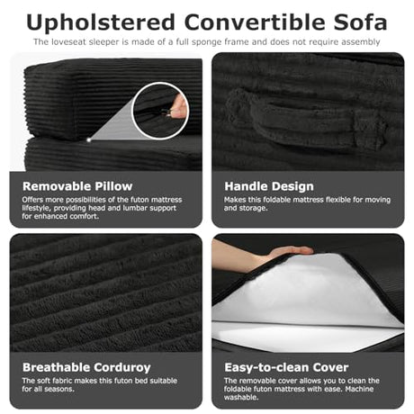 NLDD Folding Futon Sofa Bed Full Size, 6 inch Convertible Floor Couch Bed with Removable Corduroy Cover, Pull Out Couch for Small Spaces High-Density Foam,Black NLDD