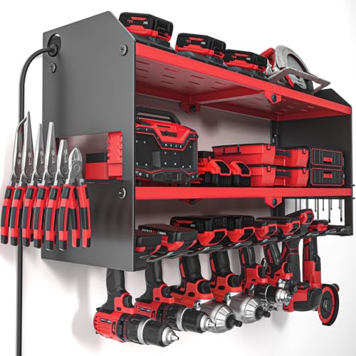 YYR Power Tool Organizer with Charging Station Wall Mount, Cordless Drill and Battery Holder for Garage Organization, Electric Tools Storage Rack Build in Surge Protection Power Strip - Red Shelf YYR