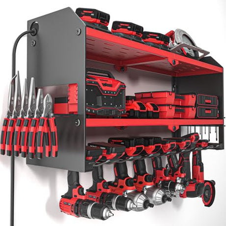 YYR Power Tool Organizer with Charging Station Wall Mount, Cordless Drill and Battery Holder for Garage Organization, Electric Tools Storage Rack Build in Surge Protection Power Strip - Red Shelf YYR