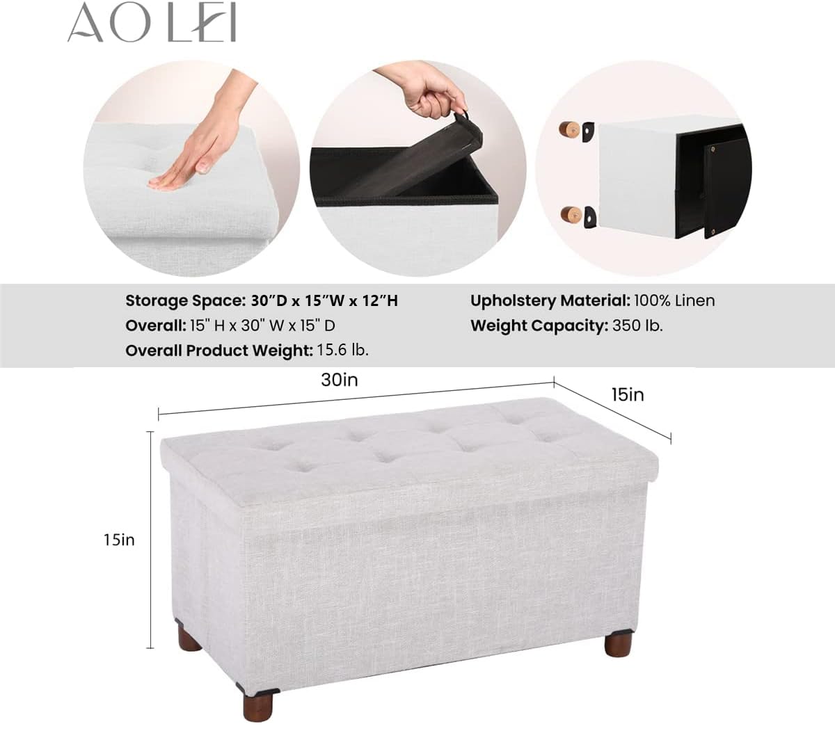 Ao Lei 30 Inches Storage Ottoman Bench with Wooden Legs for Living Room, Folding Foot Rest Removeable Lid for Bedroom End of Bed, Linen Fabric, White Ao Lei