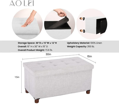 Ao Lei 30 Inches Storage Ottoman Bench with Wooden Legs for Living Room, Folding Foot Rest Removeable Lid for Bedroom End of Bed, Linen Fabric, White