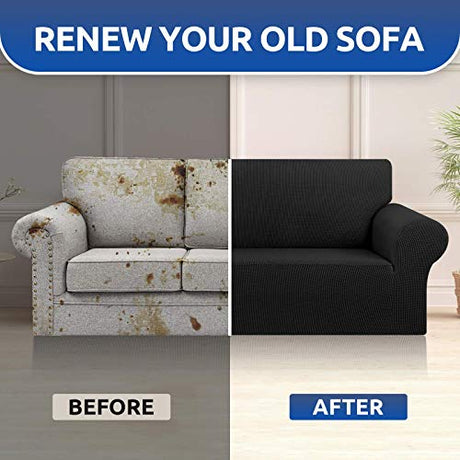 KEKUOU Stretch Sofa Cover Slipcover ，Couch Covers for 3 Cushion Couch Sofa pet Friendly (78"-94") Furniture Protector Sofa with Elastic Bottom for Kids,Dog, Jacquard Small Checked(Large,Black) KEKUOU