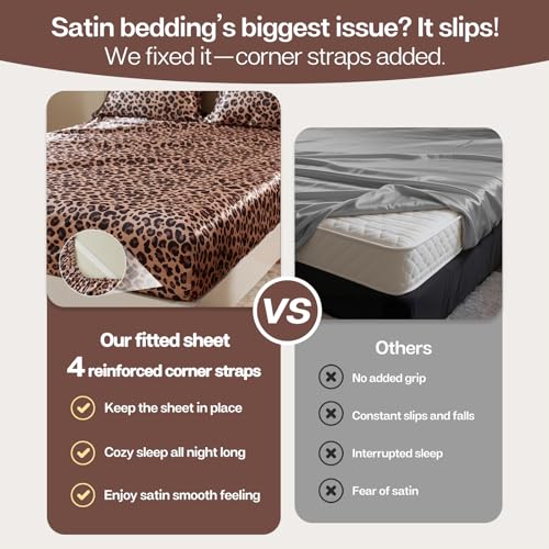 MR&HM Satin Fitted Sheet & Pillowcase Set Queen Size, 3-Piece Silky Soft Bedding with 15" Deep Pocket, Reinforced Elastic Corner Straps to Prevent Slipping Off Mattress, Brown Leopard MR&HM