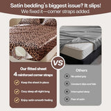 MR&HM Satin Fitted Sheet & Pillowcase Set Queen Size, 3-Piece Silky Soft Bedding with 15" Deep Pocket, Reinforced Elastic Corner Straps to Prevent Slipping Off Mattress, Brown Leopard MR&HM