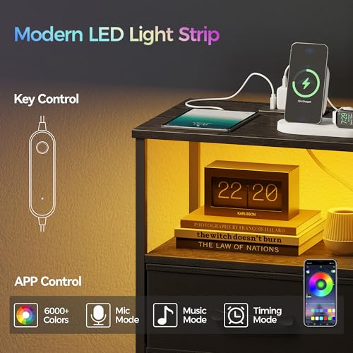 TRIFEBLE Nightstands Set of 2, Night Stand with Charging Station and Led Lights, Bedside Table with 2 Fabric Drawers for Bedroom, Small Side End Table with Open Shelf, Black TRIFEBLE