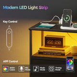 TRIFEBLE Nightstands Set of 2, Night Stand with Charging Station and Led Lights, Bedside Table with 2 Fabric Drawers for Bedroom, Small Side End Table with Open Shelf, Black TRIFEBLE