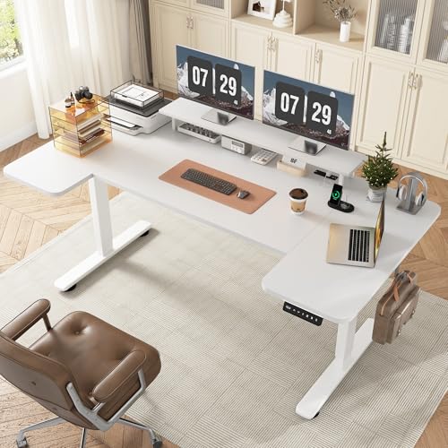 EnHomee 71 Inch Standing Desk Adjustable Electric with Monitor Stand, Computer Desk with Power Strip, Memory Height Home Office Desk for Home and Study Room, White EnHomee