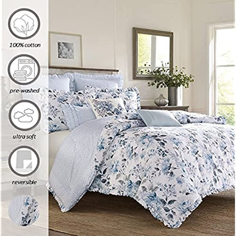 Laura Ashley Home - King Comforter Set, Reversible Cotton Bedding with Matching Shams, Stylish Home Decor for All Seasons (Chloe Blue, King) Laura Ashley