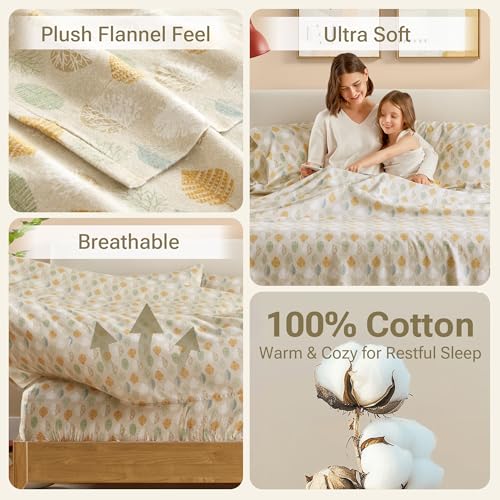 True North by Sleep Philosophy Flannel Sheets Queen Size, Cozy 100% Cotton Flannel Bed Sheets, Ultra Soft Cute Sheet Set, Novelty Print Themed Cold Weather Warm Bedding Set,Multi Leaves 4 Piece Sleep Philosophy