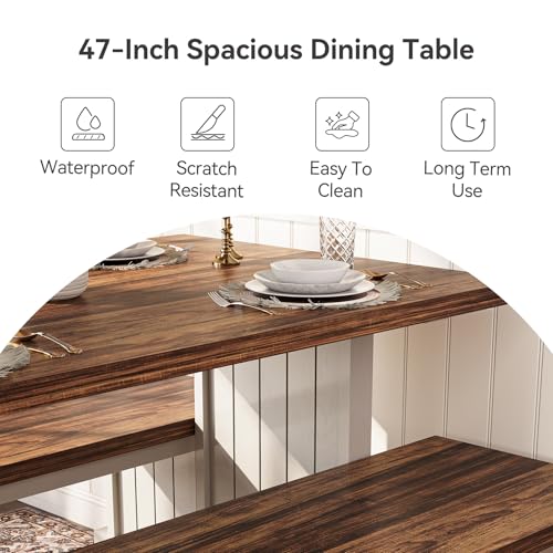 LITTLE TREE Dining Table Set for 4 with 2 Benches, Modern Kitchen Table with MDF Board, Space-Saving Dinette for Kitchen, Dining Room, Brown and White LITTLE TREE