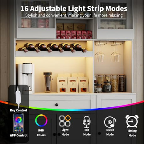 Gyfimoie 71" Pantry Cabinet with LED Light & Outlet, Kitchen Hutch Storage Cabinet with 6 Adjustable Shelves and 3 Hanging Rack Shelves,Food Pantry for Kitchen, Dining Room or Living Room, White Gyfimoie