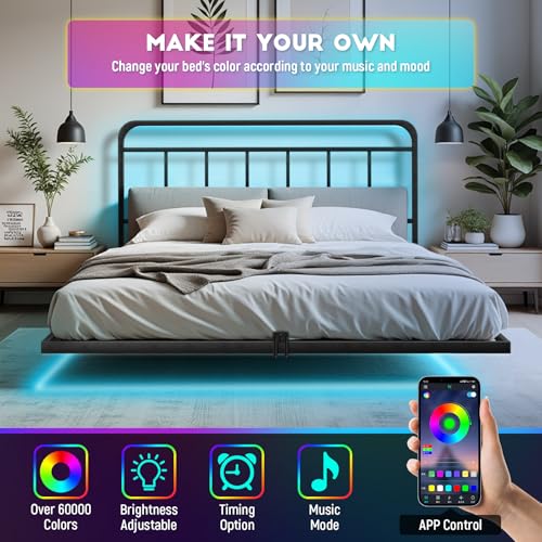 Domus Homeware Floating King Size Platform Bed Frame with LED Lights & Charging Station - Includes Powered Screwdriver for Assembly, Mattress Fasteners & Corner Pads, Hardened Steel Domus Homeware