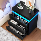 Nightstand with Charging Station and LED Lights, Night Stand with 3 Large Drawers, Bedside Table with Storage, Modern End Side Table, Black Night Stands for Bedroom, Living Room, 23.62" W×26.97" H Gyfimoie