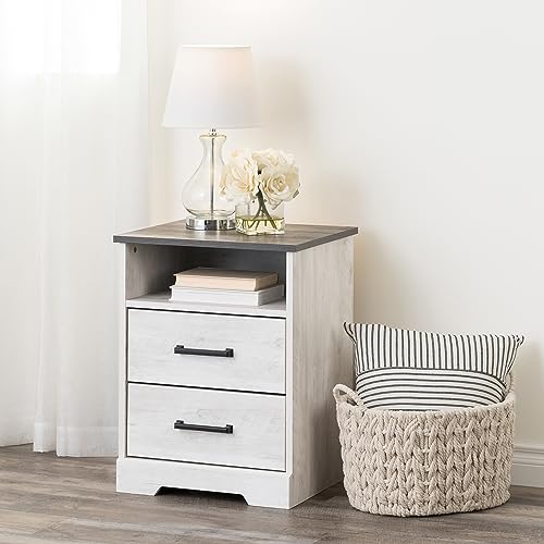 Prepac Rustic Ridge Farmhouse Nightstand with 2 Drawers and an Open Cubby, Wooden Bedside Table for Bedroom, Office, or Living Room, 16.25in x 18.75in x 24.5in, Washed White - WoodArtSupply