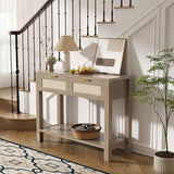YUUIJOAA Boho Chic Console Table with 2 Rattan Drawers and Open Shelf Storage, Narrow Farmhouse Sofa Table for Small Space Entryway, Living Room,Hallway, Caramel Oak YUUIJOAA