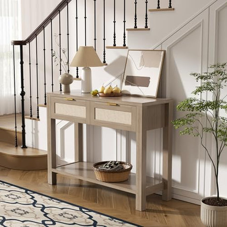 YUUIJOAA Boho Chic Console Table with 2 Rattan Drawers and Open Shelf Storage, Narrow Farmhouse Sofa Table for Small Space Entryway, Living Room,Hallway, Caramel Oak YUUIJOAA