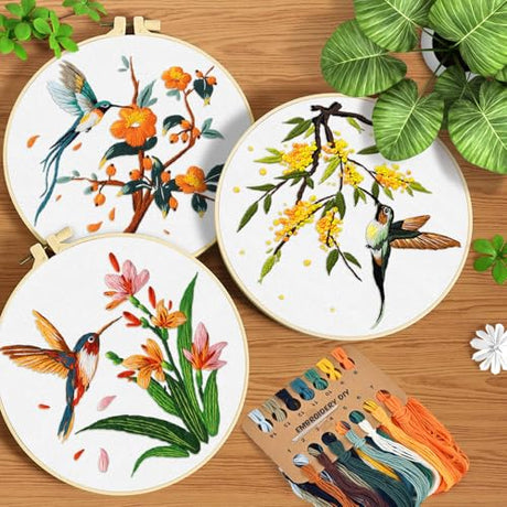 ERKOON 3 Sets Embroidery Kit, Hummingbird Cross Stitch Set for Include Embroidery Cloth Hoops Threads for Craft Lover Hand Stitch (Hummingbird) ERKOON
