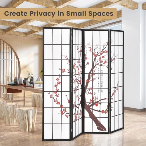 GOFLAME Japanese Style 4 Panel Room Divider, 6ft Folding Shoji Screen Room Partition with Plum Blossom Design, Solid Wood Frame, Freestanding Wall Divider, Indoor Room Separator for Home Office GOFLAME