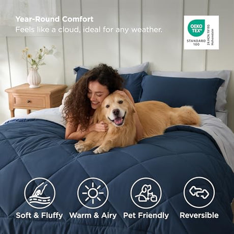 Bedsure Queen Comforter Set - 7 Pieces Reversible Navy Bedding, Queen Size Bed Set for All Seasons, Bed in a Bag with Down Alternative Comforter, Sheets, Pillowcases & Shams Bedsure