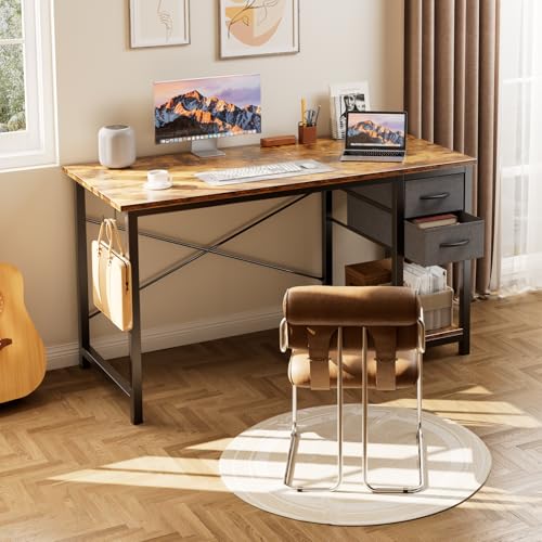 Sweetcrispy 40 Inch Computer Desk with Drawers for Home Office, Writing Desk with X-Shaped Reinforcement, Wood Table with Adjustable Position Drawers, Modern Study Work Table with Side Hook, Rust Sweetcrispy