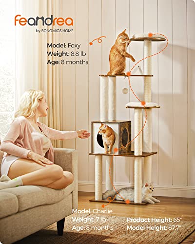 Feandrea WoodyWonders Cat Tree, 65-Inch Modern Cat Tower for Indoor Cats, Multi-Level Cat Condo with 5 Scratching Posts, Perch, Washable Removable Cushions, Cat Furniture, Rustic Brown UPCT166X01 Feandrea