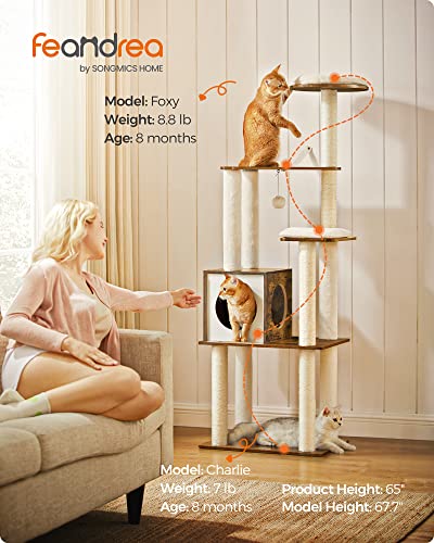 Feandrea WoodyWonders Cat Tree, 65-Inch Modern Cat Tower for Indoor Cats, Multi-Level Cat Condo with 5 Scratching Posts, Perch, Washable Removable Cushions, Cat Furniture, Rustic Brown UPCT16 - WoodArtSupply