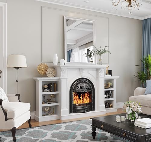 BLANKSPACE 80 Inch Electric Fireplace with Mantel, Tv Stand with Black Birdcage Fire Place Heater and Carved Square Column Design Design for Living Room, Bedroom BLANKSPACE