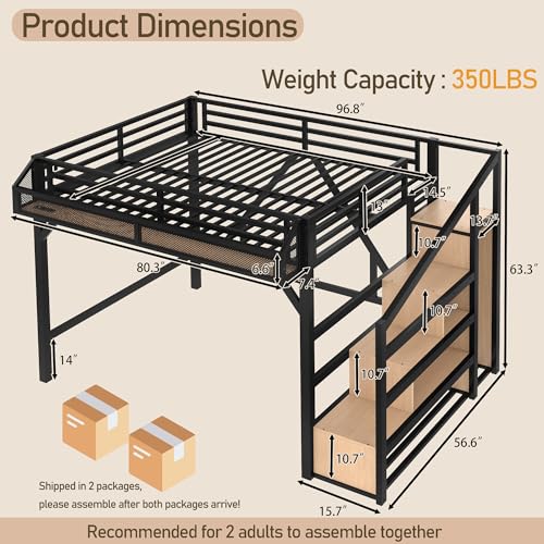 Bellemave Queen Loft Bed Frame with Storage Stairs, Beside Shelf & Wardrobe, Metal Queen Size Loft Bed with USB Ports&LED Light, Large Under-Bed Space Loft Beds for Adults,Teens, Kids, Black Natural Bellemave