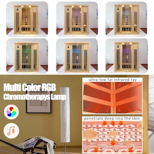 KUNSANA Ceramic Infrared Sauna 3 Person, Low EMF Infrared Saunas for Home, Hemlock Indoor Sauna Room, 2- in - 1 Heating Panels, Bluetooth Speakers, Chromotherapy Lights KUNSANA