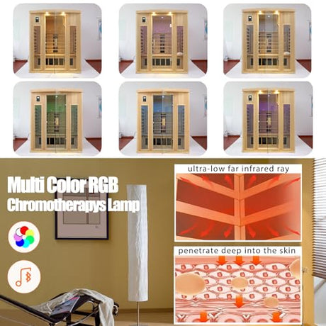 KUNSANA Ceramic Infrared Sauna 3 Person, Low EMF Infrared Saunas for Home, Hemlock Indoor Sauna Room, 2- in - 1 Heating Panels, Bluetooth Speakers, Chromotherapy Lights KUNSANA