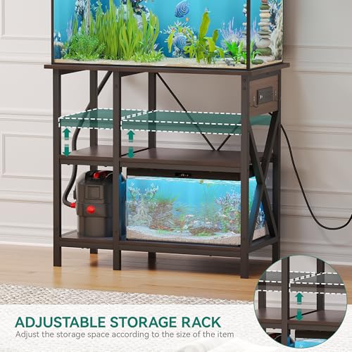 YITAHOME 10-29-37 Gallon Fish Tank Stand with Power Outlet, 30x16 Inch Metal Aquarium Stand with 3-Tier Adjustable Storage Shelves and Hooks, 450LBS Capacity,Black - WoodArtSupply