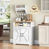 YATINEY Coffee Bar Cabinet, Kitchen Island with Storage, Farmhouse Sideboard Buffet Cabinet with Dual-Purpose Floating Shelf and Hooks, for Kitchen Living Room, White and Natural KF22WN YATINEY