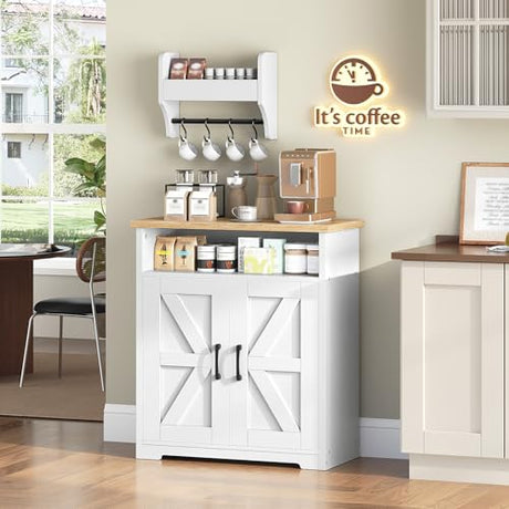 YATINEY Coffee Bar Cabinet, Kitchen Island with Storage, Farmhouse Sideboard Buffet Cabinet with Dual-Purpose Floating Shelf and Hooks, for Kitchen Living Room, White and Natural KF22WN YATINEY