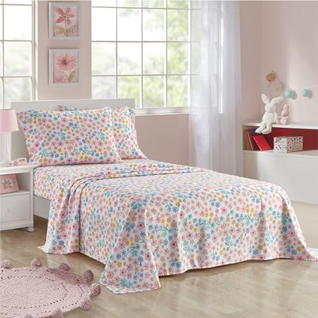 Heritage Kids 3-Piece Twin Sheet Set,Ditsy Floral Print in Multi-Color,Includes Top Sheet, Fitted Sheet & Pillowcase,Soft Microfiber Bedding for Girls Bedroom Heritage Kids