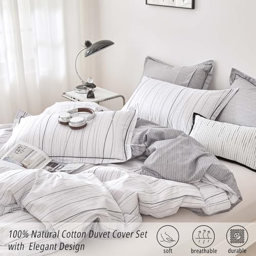 ALEISSEL Modern Urban 100% Natural Cotton Duvet Cover Sets 3Pcs - Gray Artistic Lines Pattern on White with Textured Light-Gray Reverse, Minimalist Bedding Set with Button Closure(King,104"×90" ALEISSEL