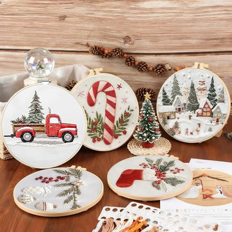 QBQBQ 4 Sets Christmas Embroidery Kits for Adults, Embroidery Kit for Beginners, Cross Stitch Kits for Beginners with Pattern, Needles, Threads, Tools (Christmas Kits B) QBQBQ