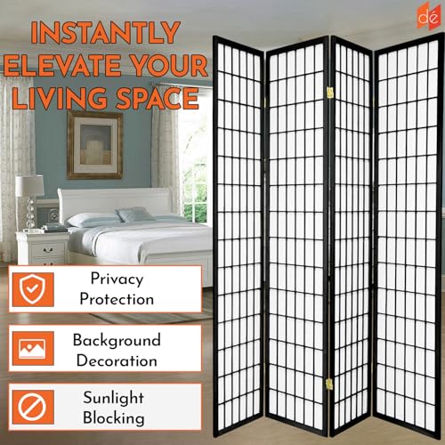 Legacy Decor 4-Panel Shoji Room Divider, Black, Real Wood Grid, Translucent Privacy Panels, 70″ W × 71″ H, Folding Screen Legacy Decor