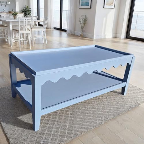 Carolina Chair & Table Scallop Coffee Table, Rectangular Mango Wood Side Table, Decorative Edge and Lower Shelf (Light Blue) Carolina Chair & Table