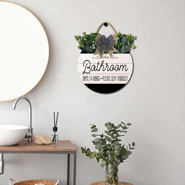 Bathroom Decor,Bathroom Open 24 Hours Please Seat Yourself Sign,Rustic Round Wooden Wreath Sign,Modern Farmhouse Home Accent For All The Seasons Hilonret