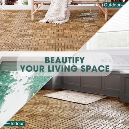 Idzo Interlocking Deck Tiles - 10PCS Waterproof Acacia Wood Patio Tiles, Floor Tiles for Balcony, Backyard, Indoor and Outdoor use - Decking Checker Pattern, 12 x 12 x 0.9 Inches, Golden Teak