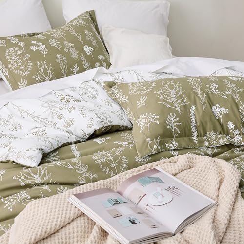 Bedsure Twin/Twin XL Comforter Set - Olive Green Bed Set, 2 Pieces Cute Floral Bedding, 1 Soft Reversible Botanical Flowers Comforter and 1 Pillow Sham Bedsure