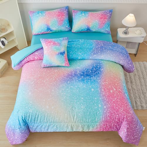 PERFEMET Pink Green Girls Twin Comforter Set, 6 Pieces Colorful Rainbow Kids Bedding Sets, Tie Dye Ombre Glitter Bed in A Bag Comforter Set with Sheets PERFEMET