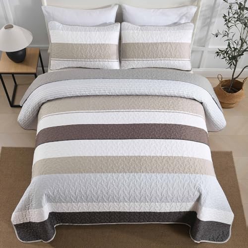 Dinjoy Boho Quilt Set Full Size,3 Pieces Grey Striped Bedspreads,Soft Microfiber Quilted Quilts Bedding Set with 2 Pillow Shams Lightweight Coverlet 78"x90" for Summer Fall Bed Dinjoy
