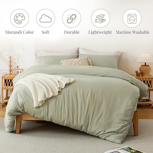 MILDLY Super Soft Duvet Cover - 100% Washed Microfiber October Mist Sage Comforter Cover Set 3 Pieces with Zipper Closure & Corner Ties (No Comforter) MILDLY